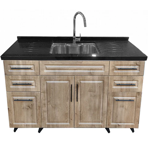 Mueble Lavaplatos Nogal con Cubierta de Cuarzo Lavaplatos Riñon 150x51x90 cm (Incluye Armado)