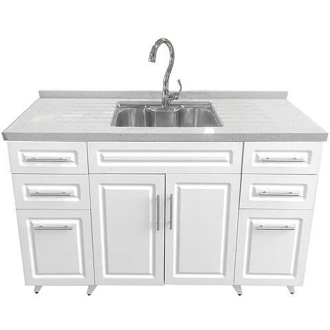 Mueble Lavaplatos Blanco con Cubierta de Cuarzo Lavaplatos Riñon 150x52x90 cm (Incluye Armado)
