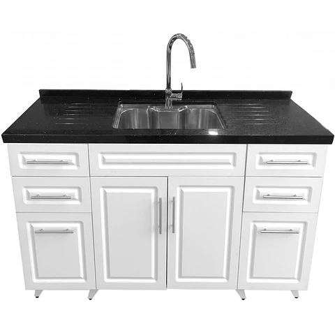 Mueble Lavaplatos Blanco con Cubierta de Cuarzo Lavaplatos Riñon 150x52x90 cm (Incluye Armado)