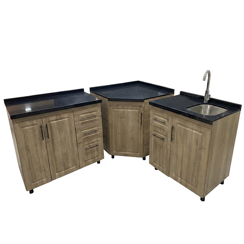 Mueble Modular Nogal para Cocina Diamantado con Cubierta de Cuarzo y Lavaplatos