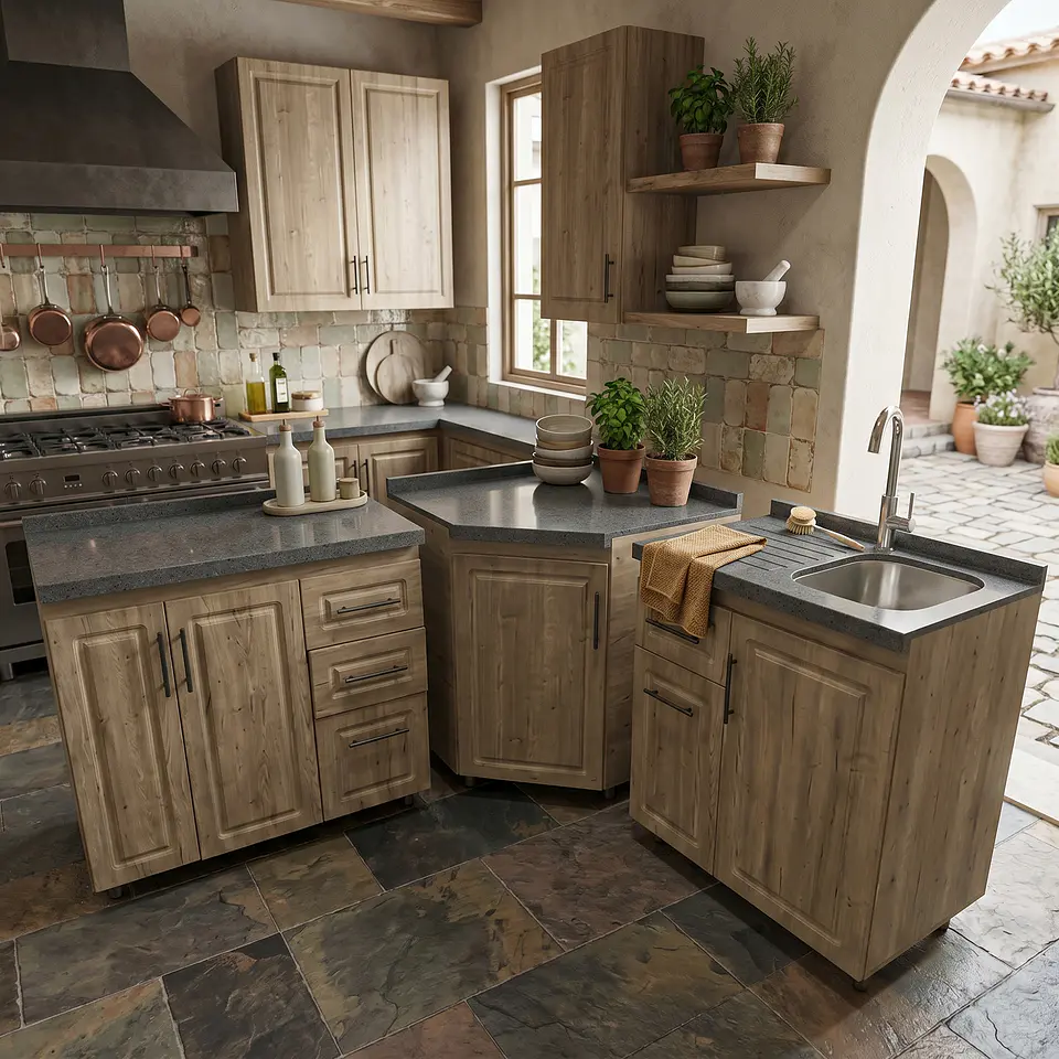 Mueble Modular Nogal para Cocina Diamantado con Cubierta de Cuarzo y Lavaplatos 6