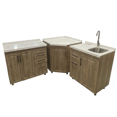 Mueble Modular Nogal para Cocina Diamantado con Cubierta de Cuarzo y Lavaplatos