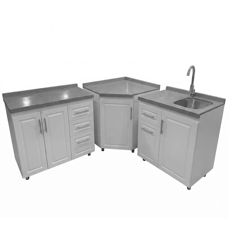 Mueble Modular Blanco para Cocina Diamantado con Cubierta de Cuarzo y Lavaplatos 3