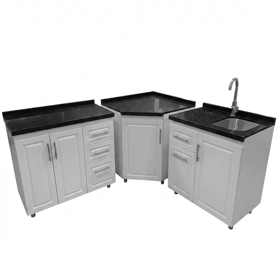 Mueble Modular Blanco para Cocina Diamantado con Cubierta de Cuarzo y Lavaplatos 2