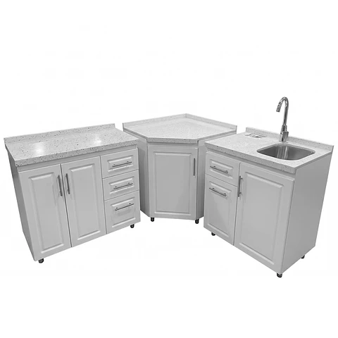 Mueble Modular Blanco para Cocina Diamantado con Cubierta de Cuarzo y Lavaplatos