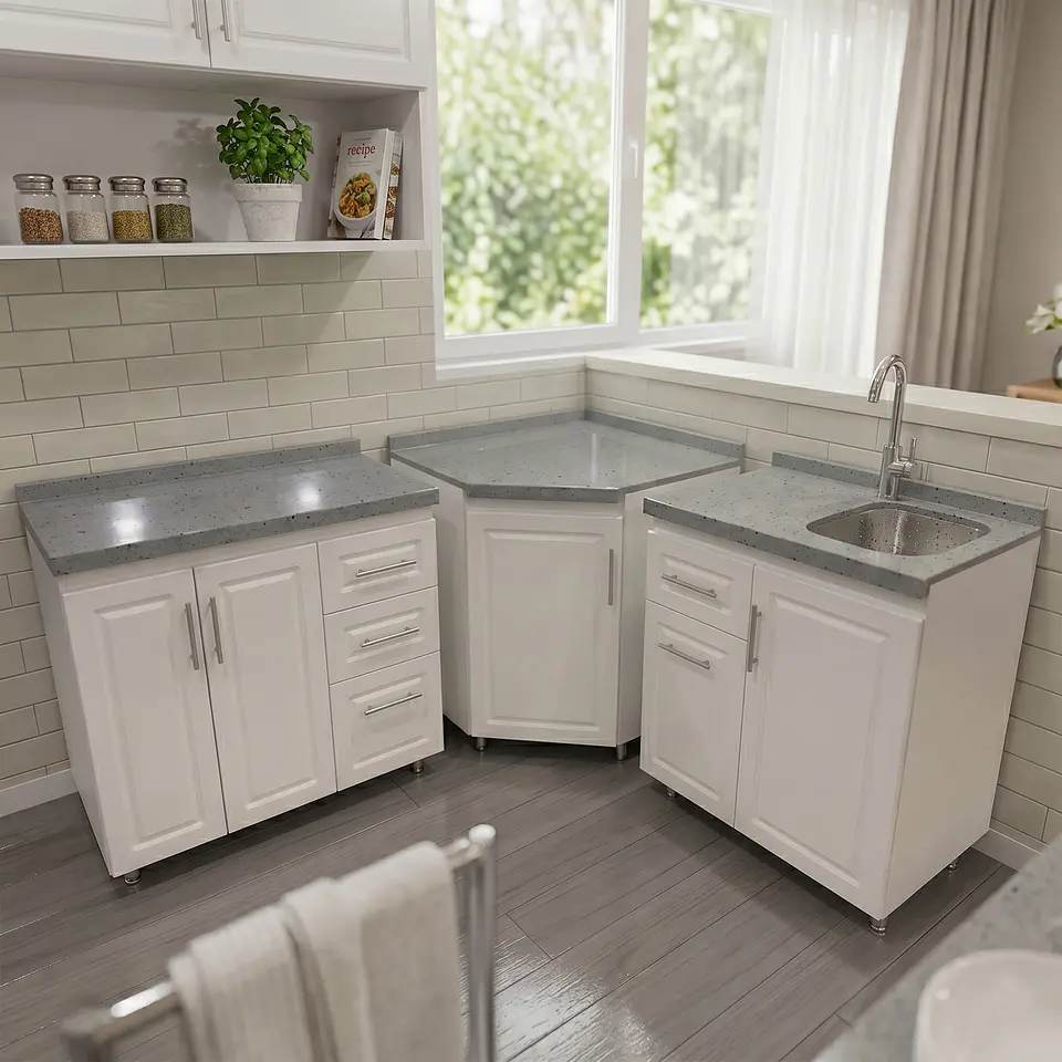 Mueble Modular Blanco para Cocina Diamantado con Cubierta de Cuarzo y Lavaplatos 6