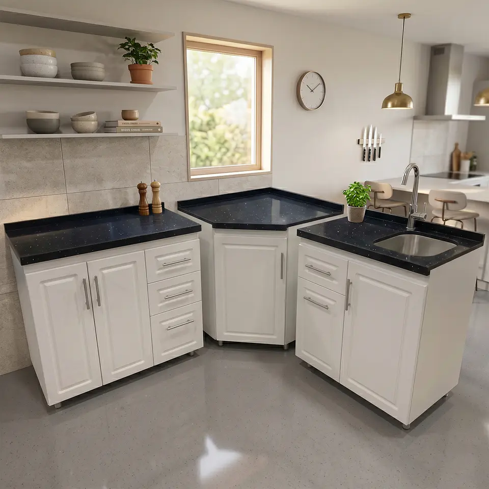 Mueble Modular Blanco para Cocina Diamantado con Cubierta de Cuarzo y Lavaplatos 5