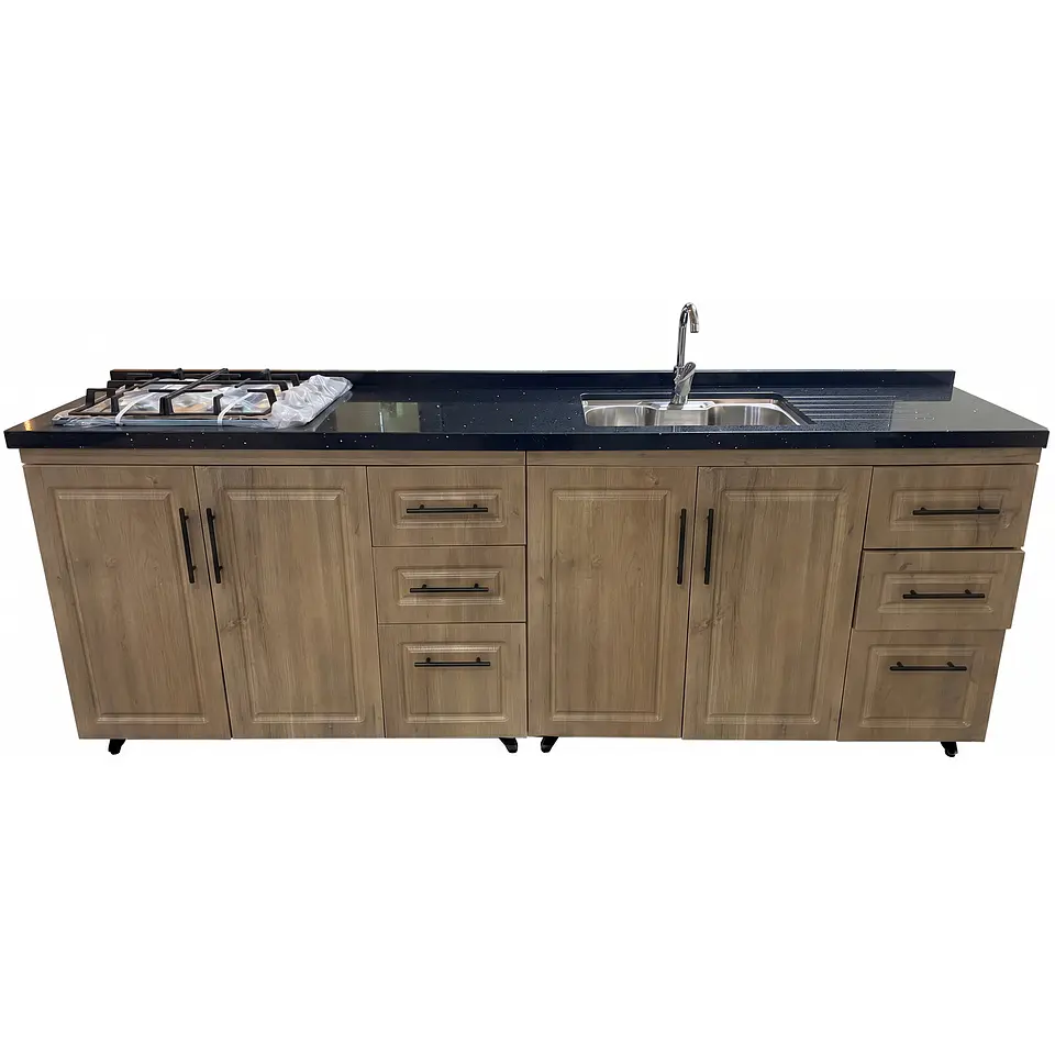 Mueble Modular Nogal para Cocina Lineal con Cubierta de Cuarzo, Lavaplatos y Encimera 3