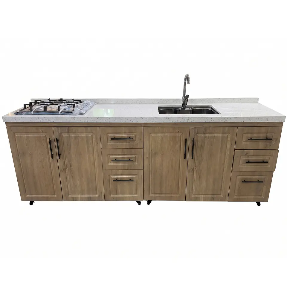 Mueble Modular Nogal para Cocina Lineal con Cubierta de Cuarzo, Lavaplatos y Encimera 1