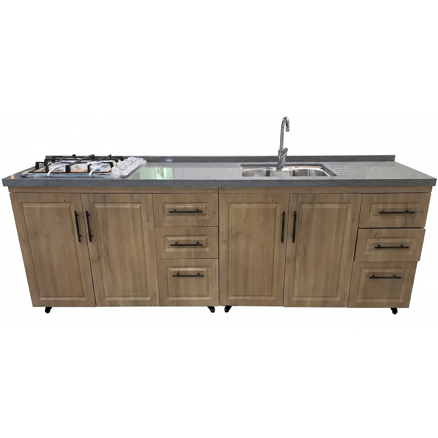 Mueble Modular Nogal para Cocina Lineal con Cubierta de Cuarzo, Lavaplatos y Encimera 5