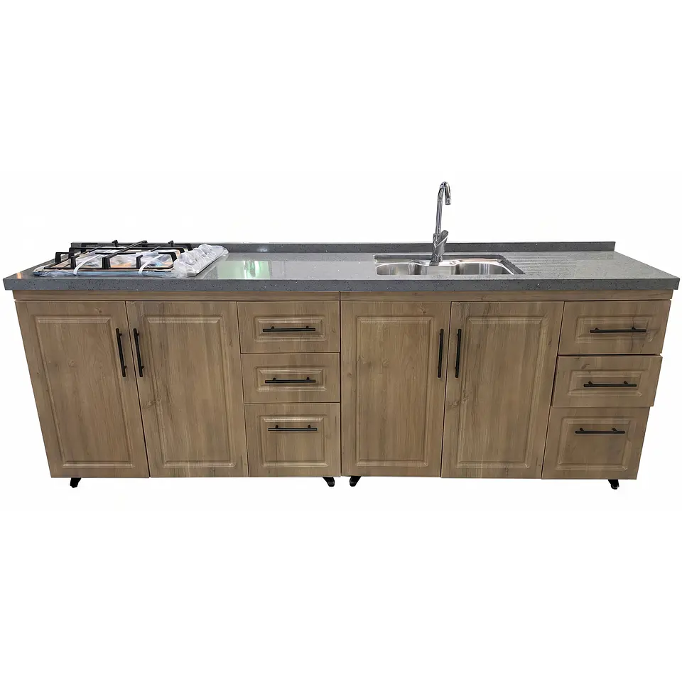 Mueble Modular Nogal para Cocina Lineal con Cubierta de Cuarzo, Lavaplatos y Encimera 5