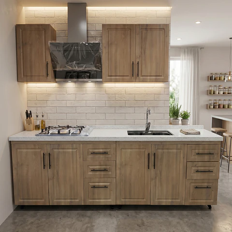Mueble Modular Nogal para Cocina Lineal con Cubierta de Cuarzo, Lavaplatos y Encimera