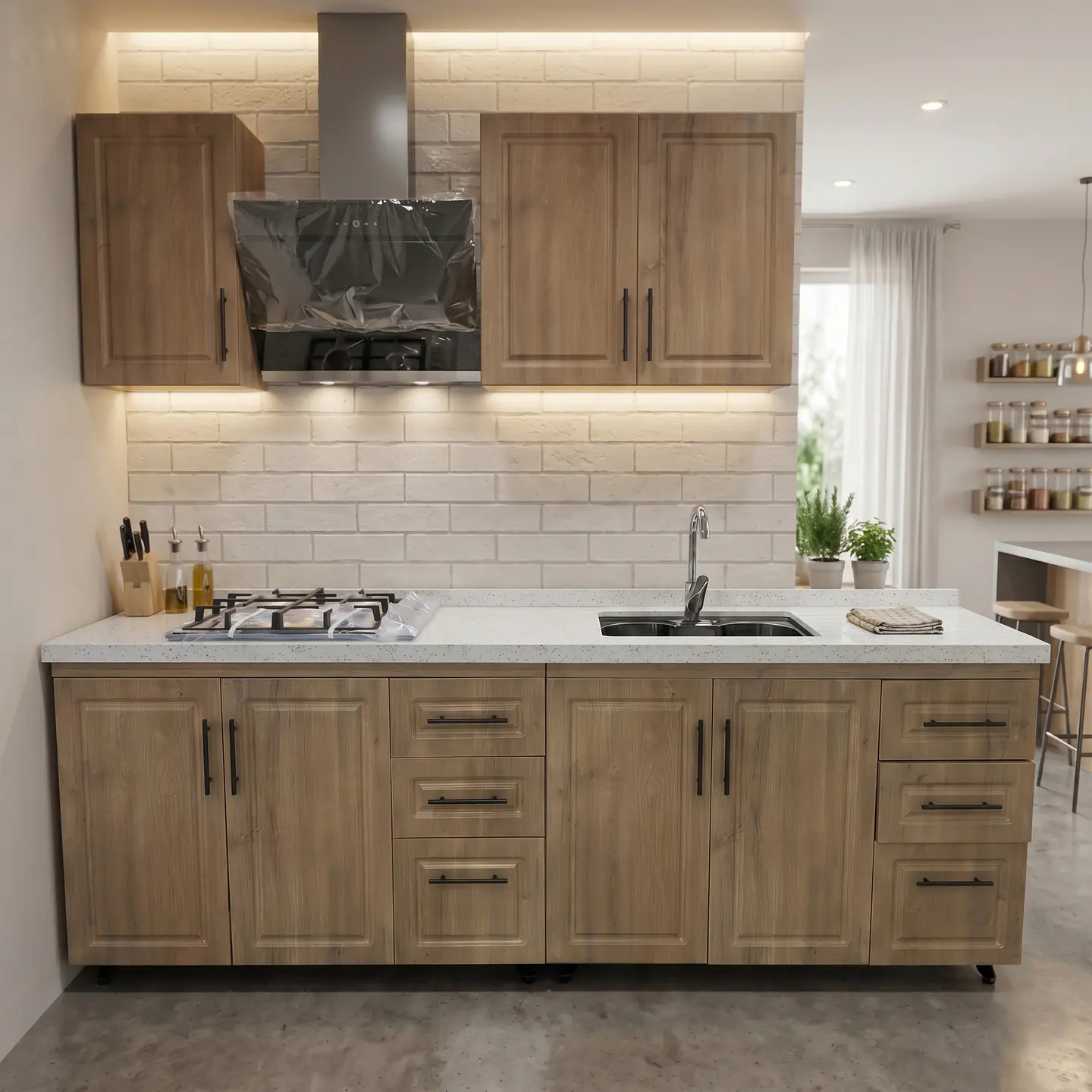 Mueble Modular Nogal para Cocina Lineal con Cubierta de Cuarzo, Lavaplatos y Encimera 2