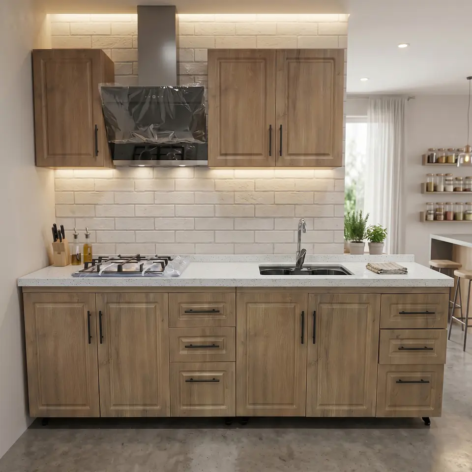 Mueble Modular Nogal para Cocina Lineal con Cubierta de Cuarzo, Lavaplatos y Encimera 2