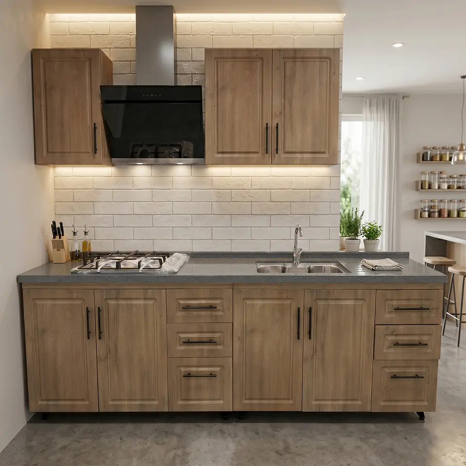 Mueble Modular Nogal para Cocina Lineal con Cubierta de Cuarzo, Lavaplatos y Encimera 6