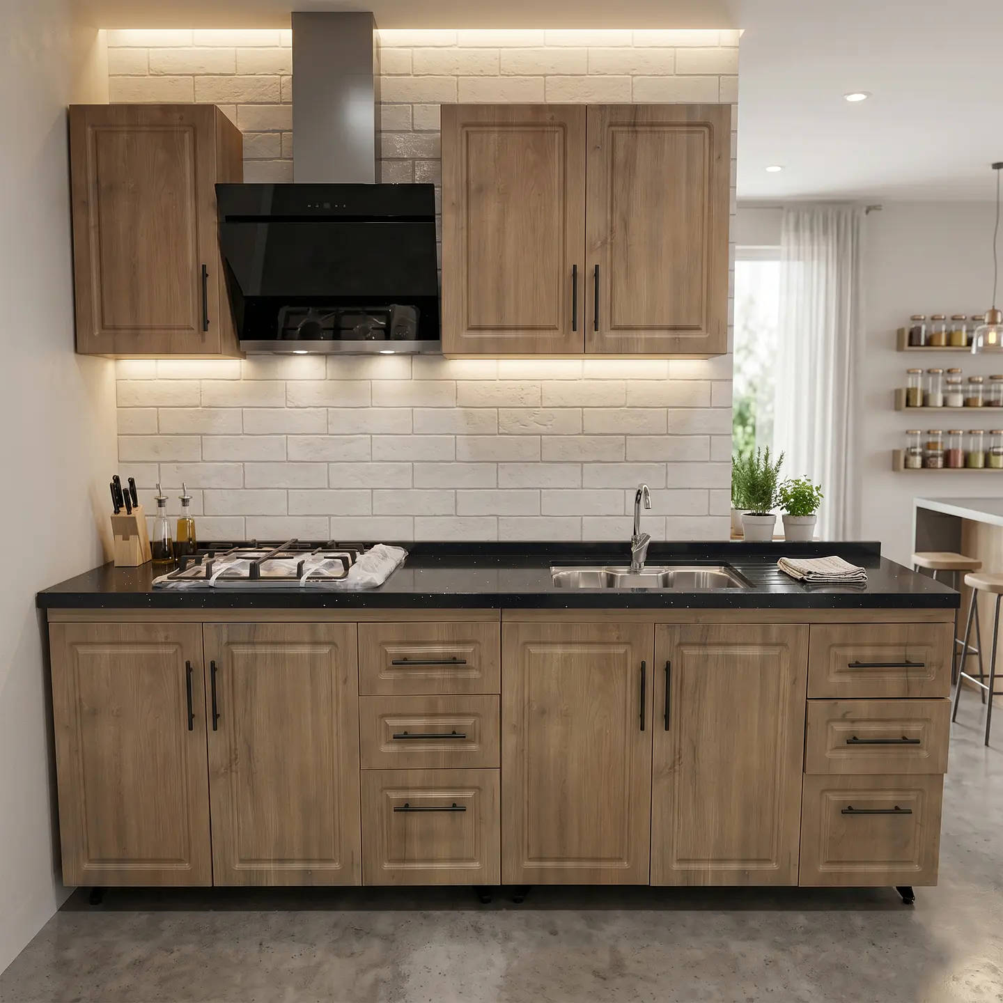 Mueble Modular Nogal para Cocina Lineal con Cubierta de Cuarzo, Lavaplatos y Encimera 4