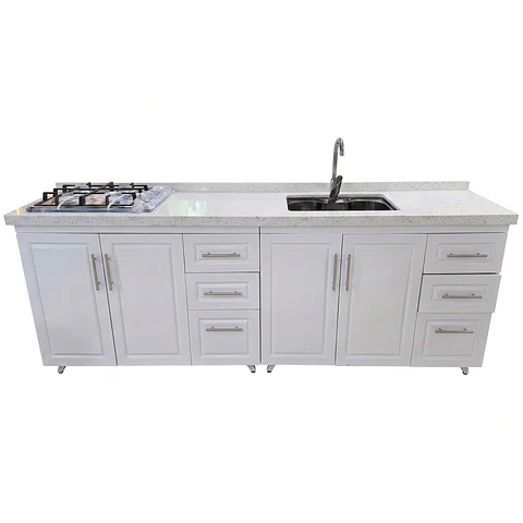 Mueble Modular Nogal para Cocina Lineal con Cubierta de Cuarzo, Lavaplatos y Encimera