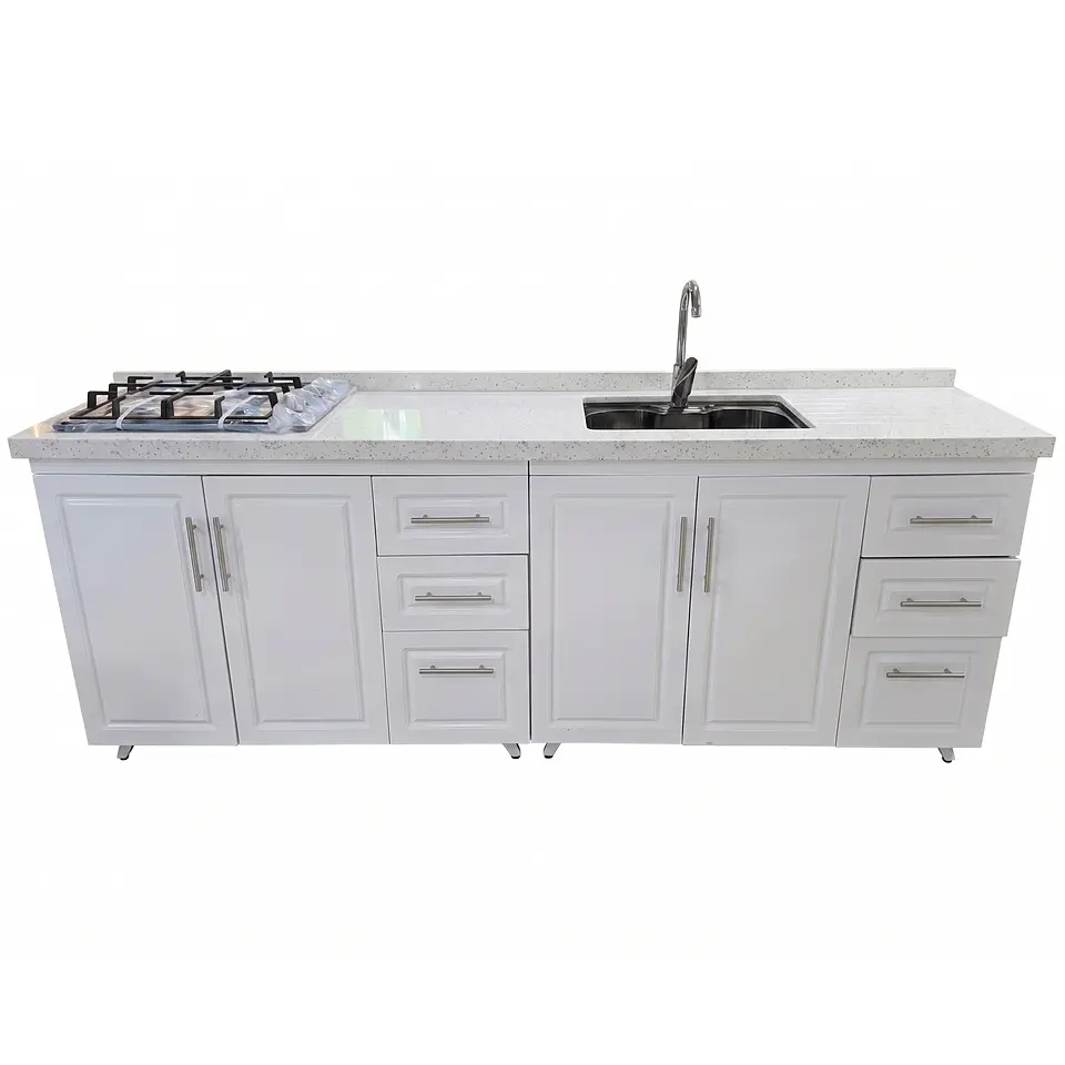Mueble Modular Nogal para Cocina Lineal con Cubierta de Cuarzo, Lavaplatos y Encimera- COPIA 1