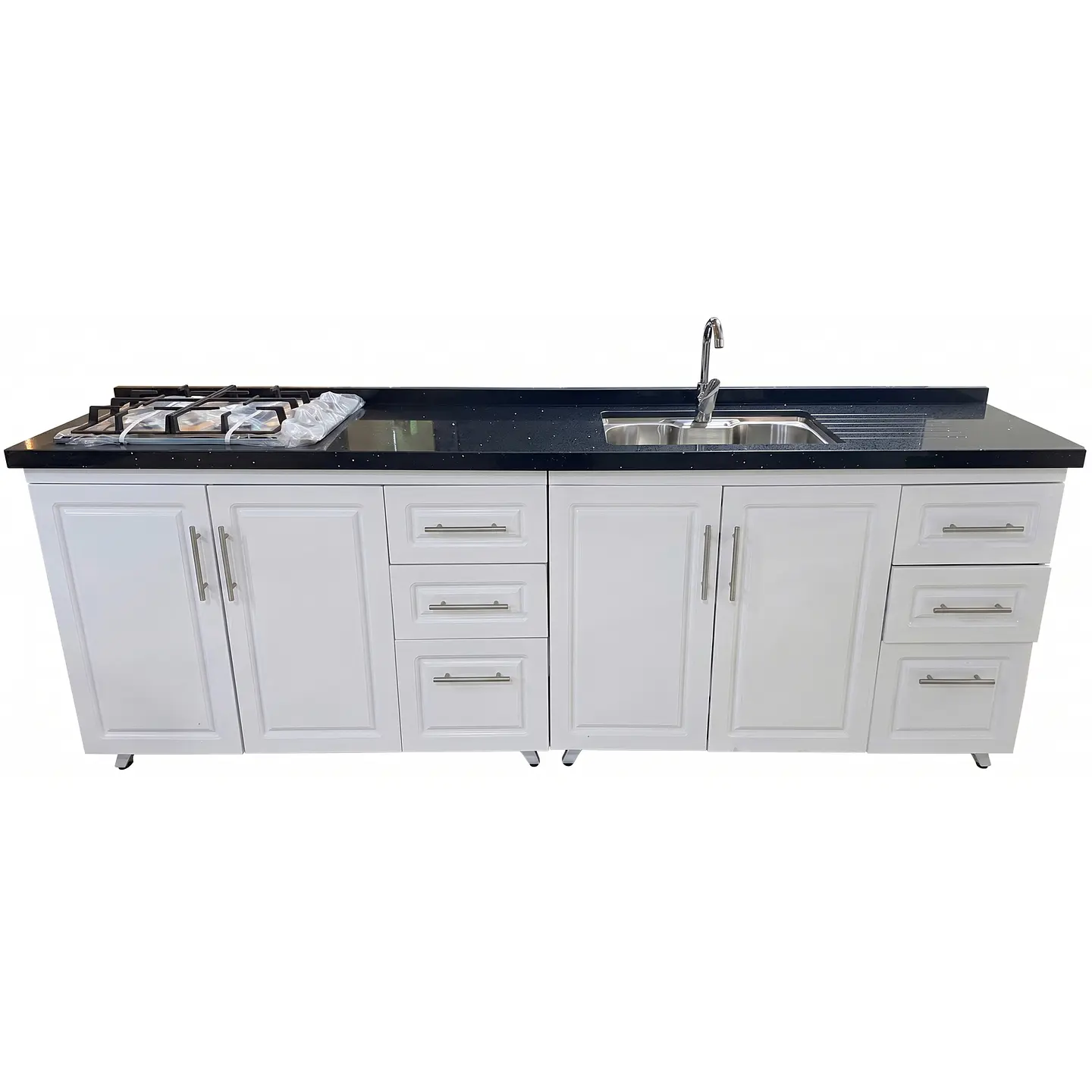 Mueble Modular Nogal para Cocina Lineal con Cubierta de Cuarzo, Lavaplatos y Encimera- COPIA 4