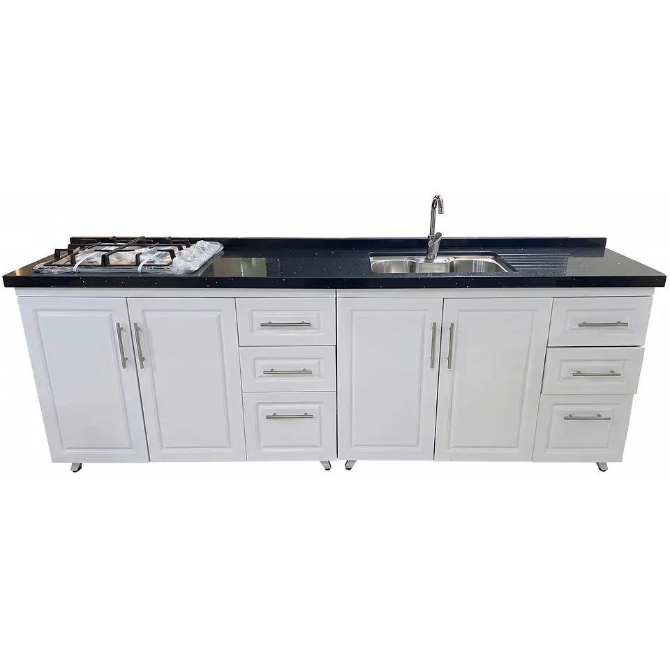 Mueble Modular Nogal para Cocina Lineal con Cubierta de Cuarzo, Lavaplatos y Encimera- COPIA 4