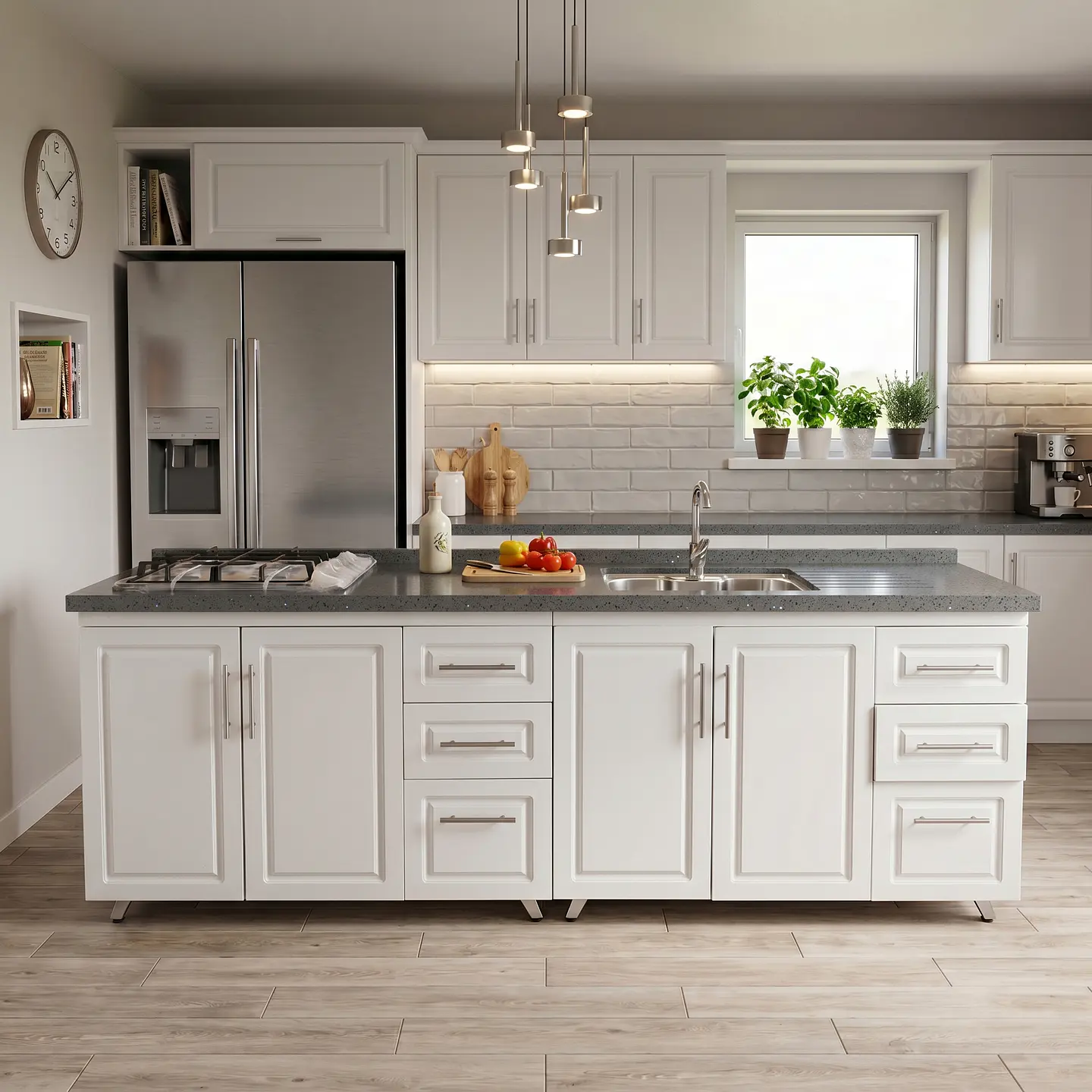 Mueble Modular Nogal para Cocina Lineal con Cubierta de Cuarzo, Lavaplatos y Encimera- COPIA 8