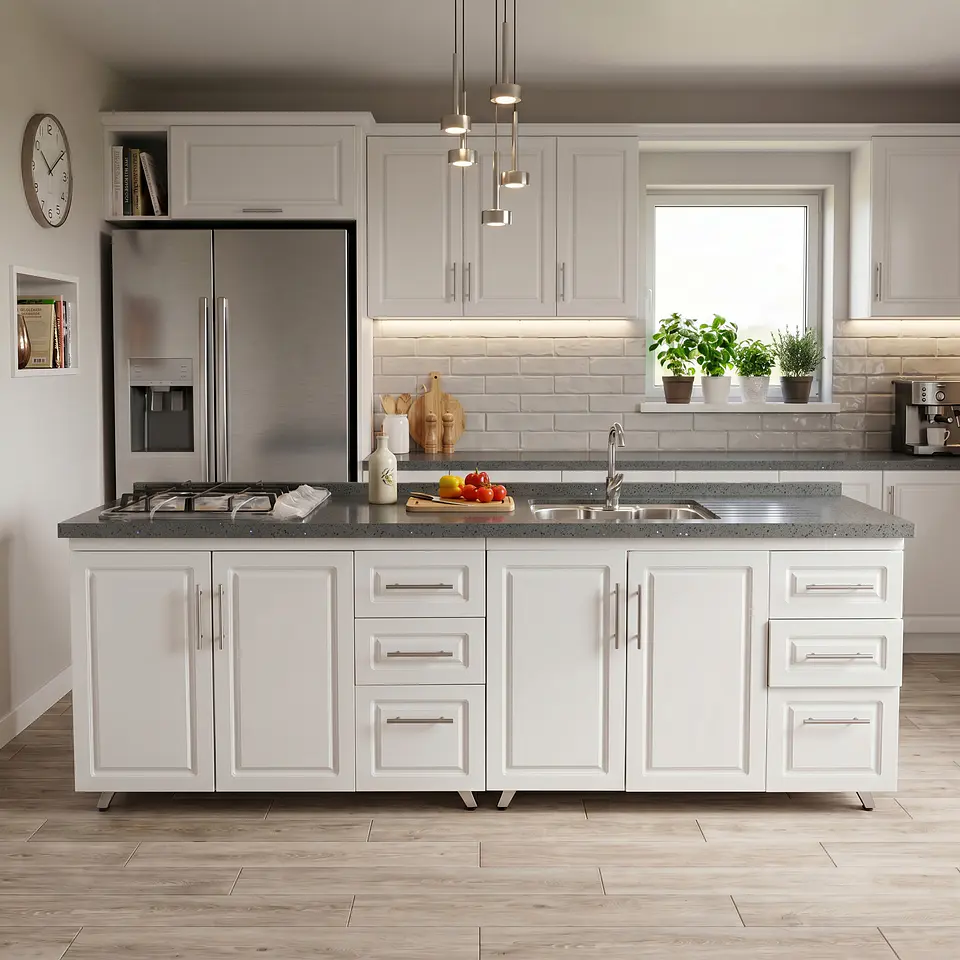 Mueble Modular Nogal para Cocina Lineal con Cubierta de Cuarzo, Lavaplatos y Encimera- COPIA 8