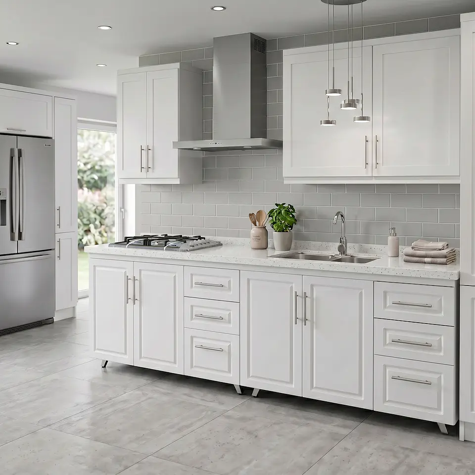 Mueble Modular Nogal para Cocina Lineal con Cubierta de Cuarzo, Lavaplatos y Encimera- COPIA 3