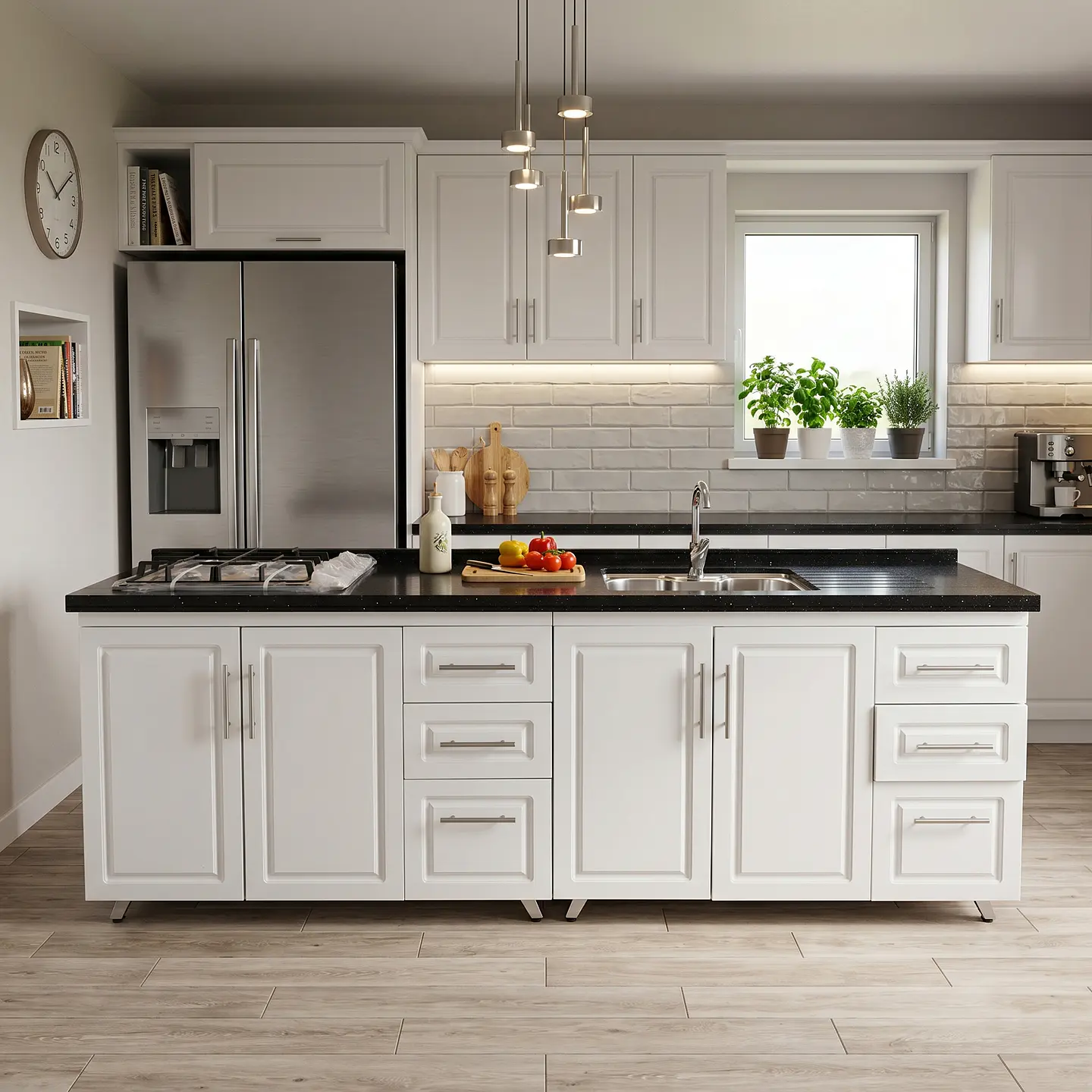 Mueble Modular Nogal para Cocina Lineal con Cubierta de Cuarzo, Lavaplatos y Encimera- COPIA 5