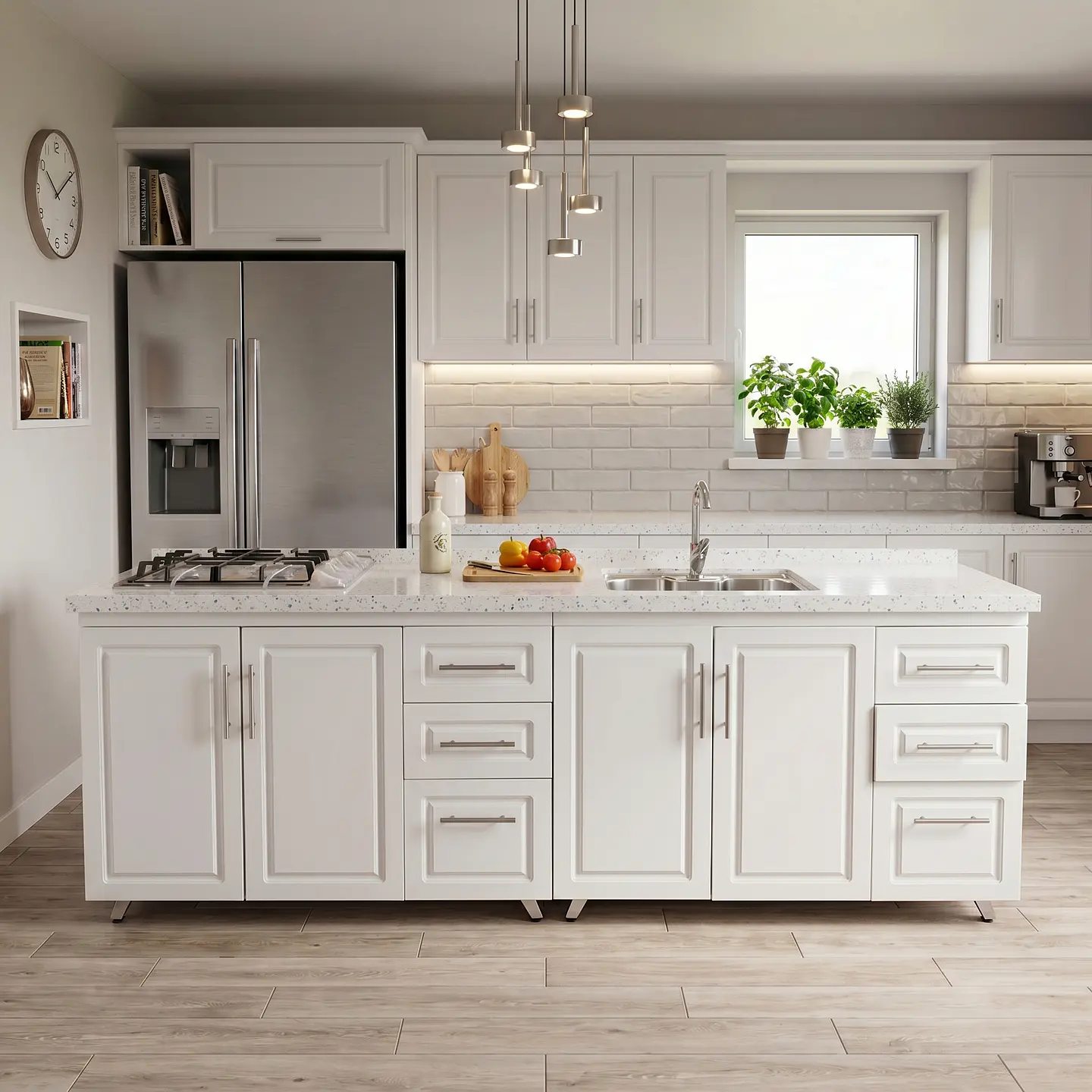 Mueble Modular Nogal para Cocina Lineal con Cubierta de Cuarzo, Lavaplatos y Encimera- COPIA 2