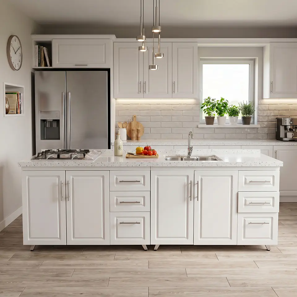 Mueble Modular Nogal para Cocina Lineal con Cubierta de Cuarzo, Lavaplatos y Encimera- COPIA 2