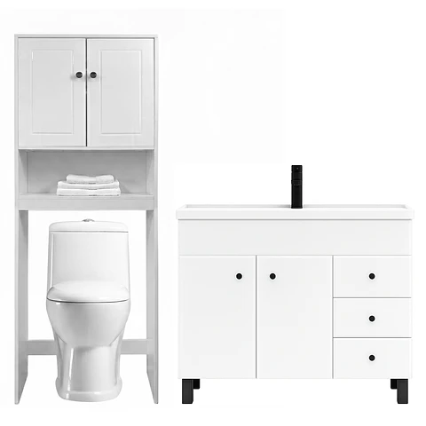 Kit Mueble Vanitorio Blanco + Estante Blanco + WC Blanco - Mueble 100x47x80 cm