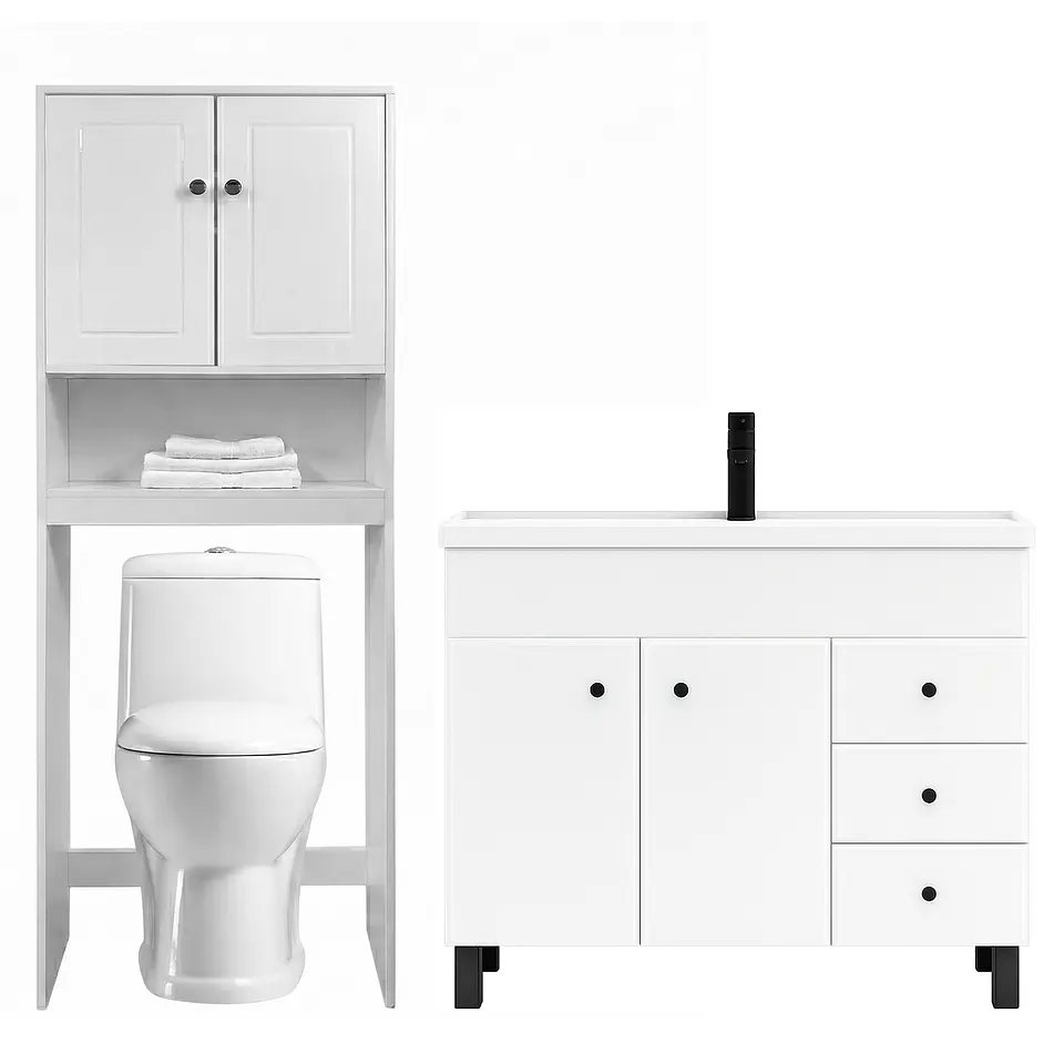 Kit Mueble Vanitorio Blanco + Estante Blanco + WC Blanco - Mueble 100x47x80 cm 1