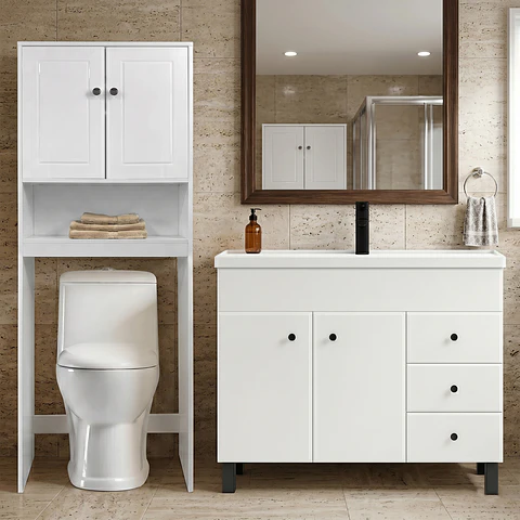 Kit Mueble Vanitorio Blanco + Estante Blanco + WC Blanco - Mueble 100x47x80 cm