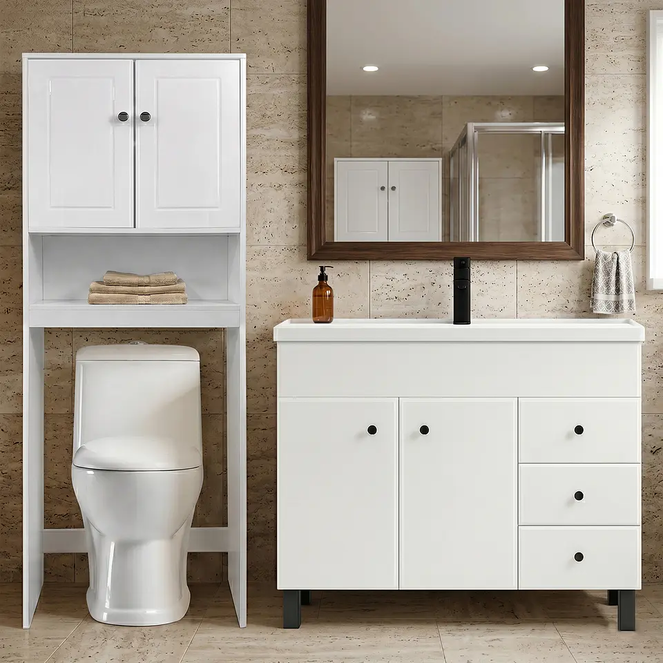 Kit Mueble Vanitorio Blanco + Estante Blanco + WC Blanco - Mueble 100x47x80 cm 2