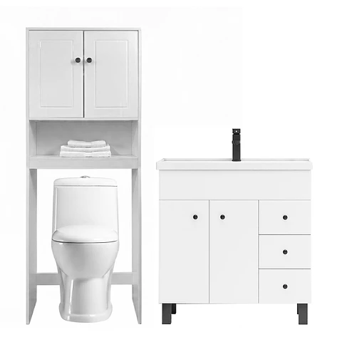 Kit Mueble Vanitorio Blanco + Estante Blanco + WC Blanco - Mueble 80x47x80 cm