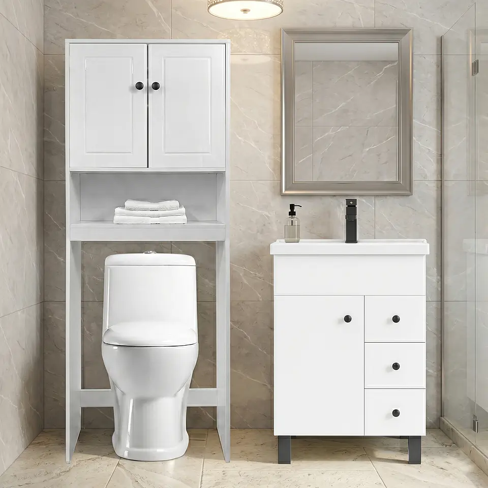 Kit Mueble Vanitorio Blanco + Estante Blanco + WC Blanco - Mueble 60x47x80 cm 2