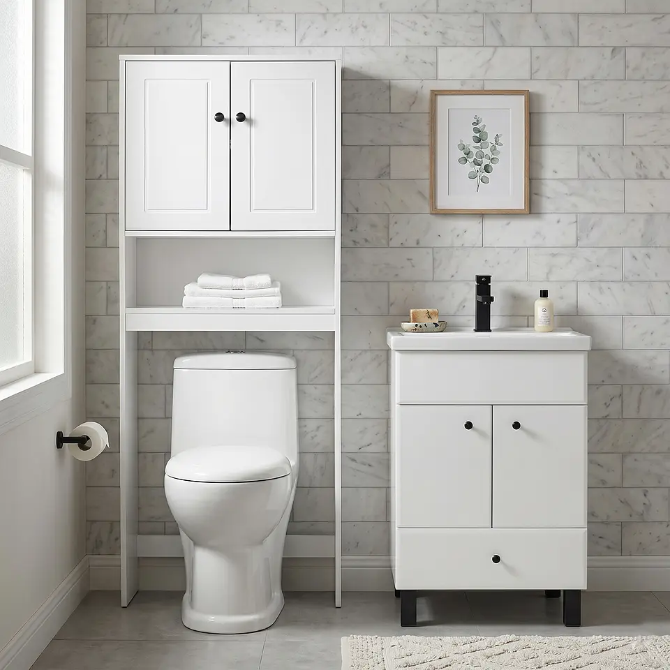 Kit Mueble Vanitorio Blanco + Estante Blanco + WC Blanco - Mueble 50x40x80 cm 2