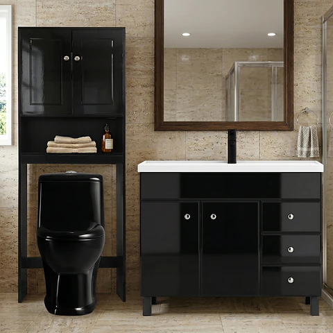 Kit Mueble Vanitorio Negro + Estante Negro + WC Negro - Mueble 100x47x80 cm