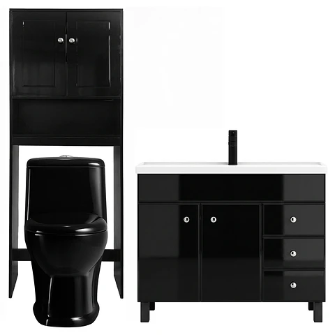 Kit Mueble Vanitorio Negro + Estante Negro + WC Negro - Mueble 100x47x80 cm