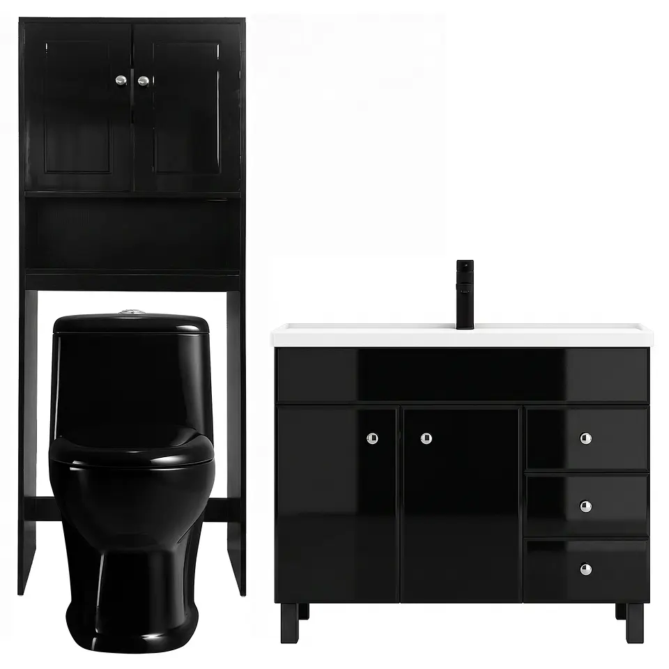 Kit Mueble Vanitorio Negro + Estante Negro + WC Negro - Mueble 100x47x80 cm 1