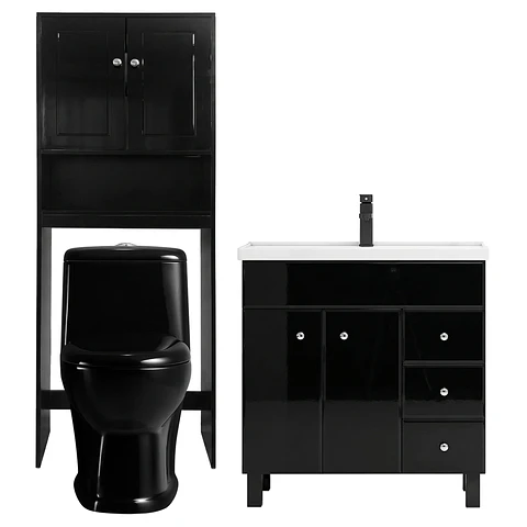 Kit Mueble Vanitorio Negro + Estante Negro + WC Negro - Mueble 80x47x80 cm