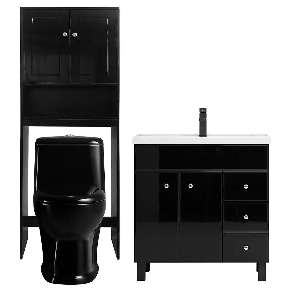 Kit Mueble Vanitorio Negro + Estante Negro + WC Negro - Mueble 80x47x80 cm 1