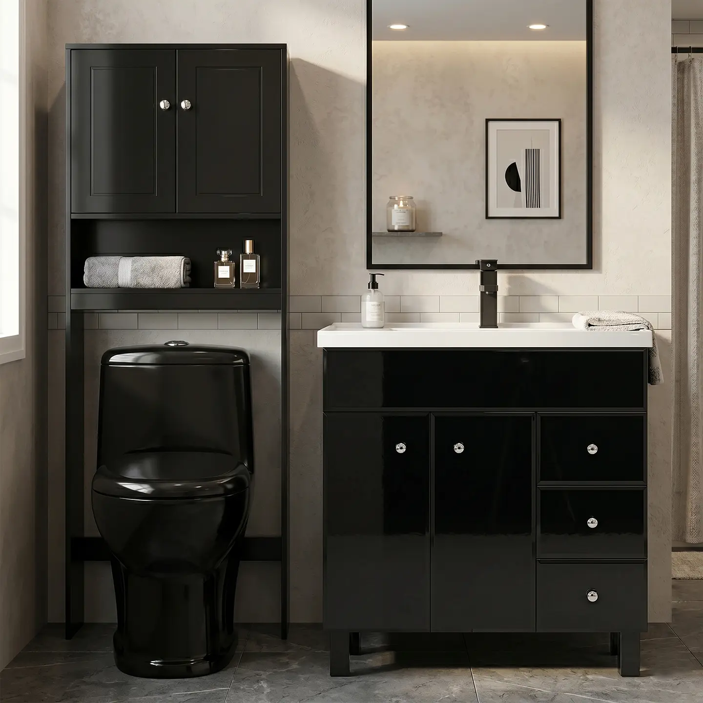 Kit Mueble Vanitorio Negro + Estante Negro + WC Negro - Mueble 80x47x80 cm 2