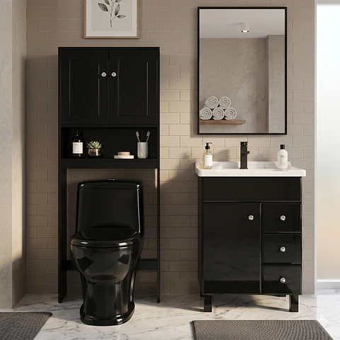 Kit Mueble Vanitorio Negro + Estante Negro + WC Negro - Mueble 70x47x80 cm