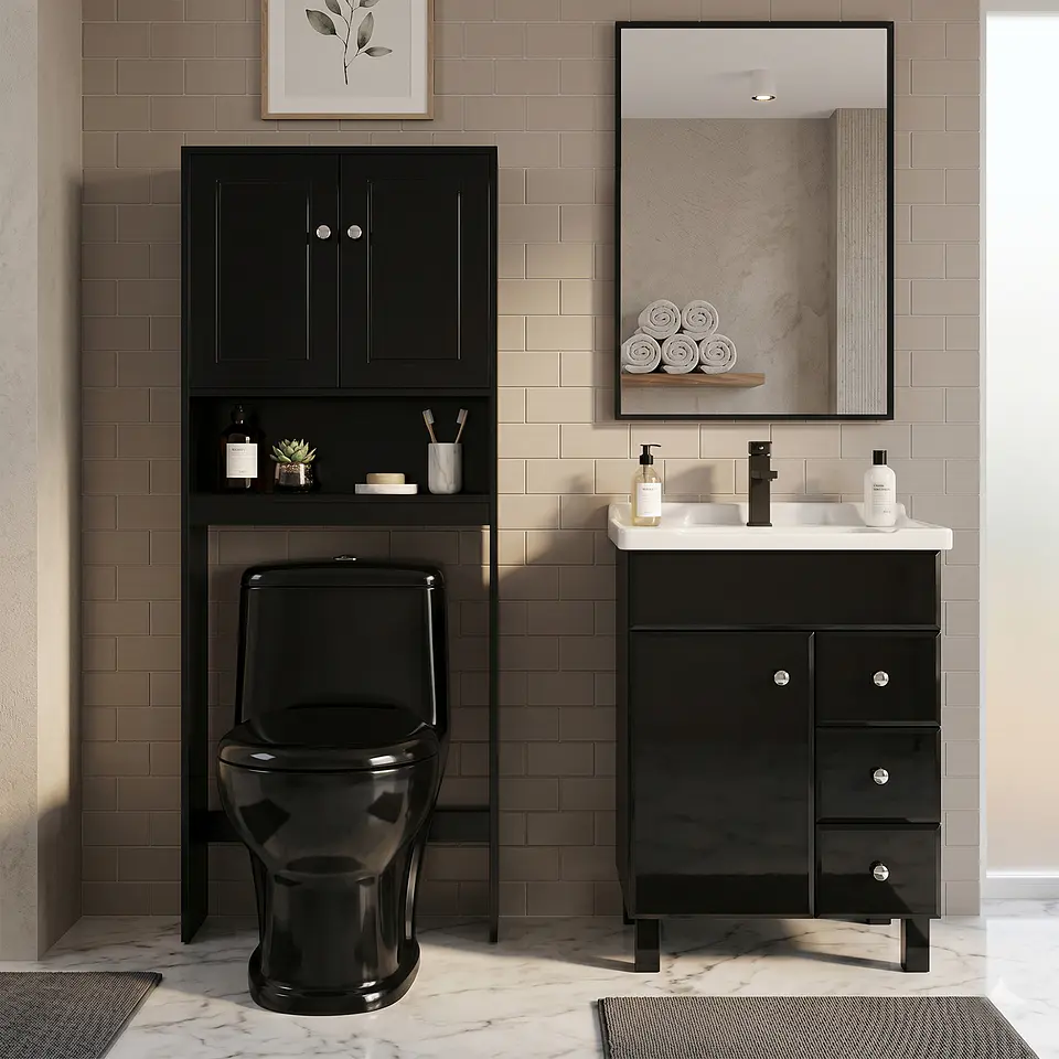 Kit Mueble Vanitorio Negro + Estante Negro + WC Negro - Mueble 70x47x80 cm 2