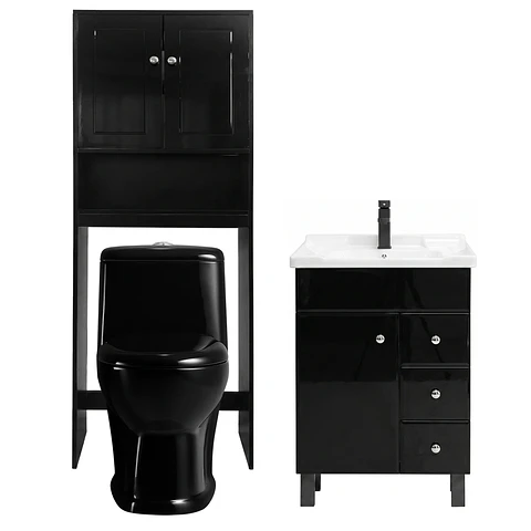 Kit Mueble Vanitorio Negro + Estante Negro + WC Negro - Mueble 70x47x80 cm