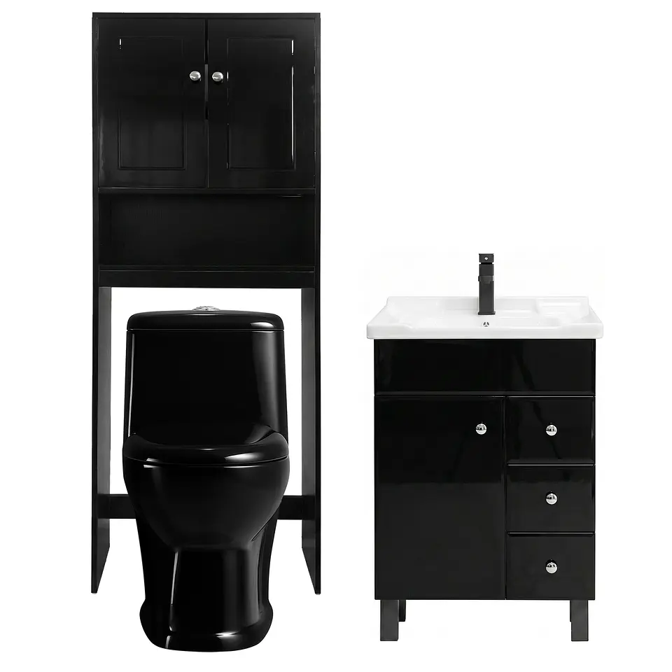 Kit Mueble Vanitorio Negro + Estante Negro + WC Negro - Mueble 70x47x80 cm 1