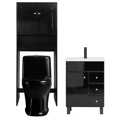 Kit Mueble Vanitorio Negro + Estante Negro + WC Negro - Mueble 60x47x80 cm