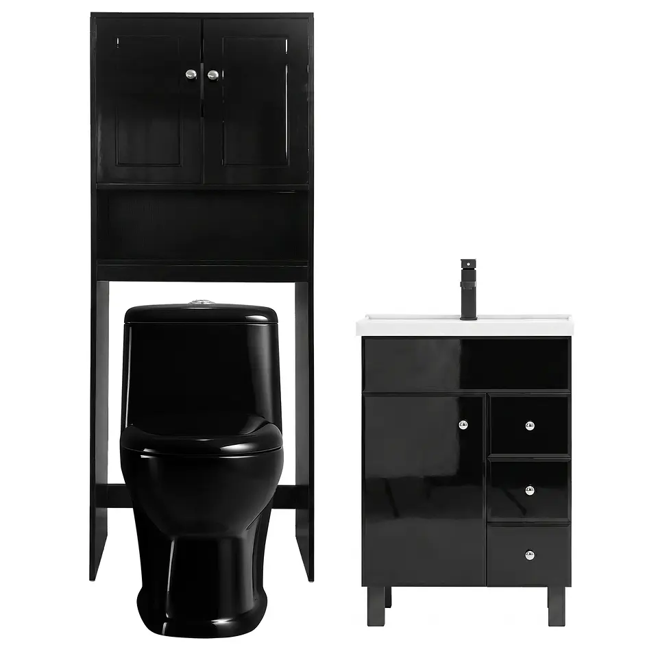 Kit Mueble Vanitorio Negro + Estante Negro + WC Negro - Mueble 60x47x80 cm 1