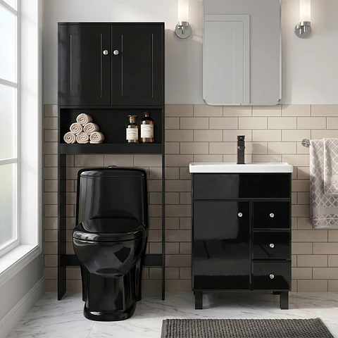 Kit Mueble Vanitorio Negro + Estante Negro + WC Negro - Mueble 60x47x80 cm